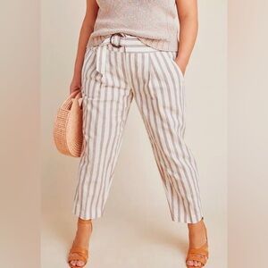 Anthropologie Oasis‎ Linen Cotton Belted Stripe Ankle Pants Beige White 12
